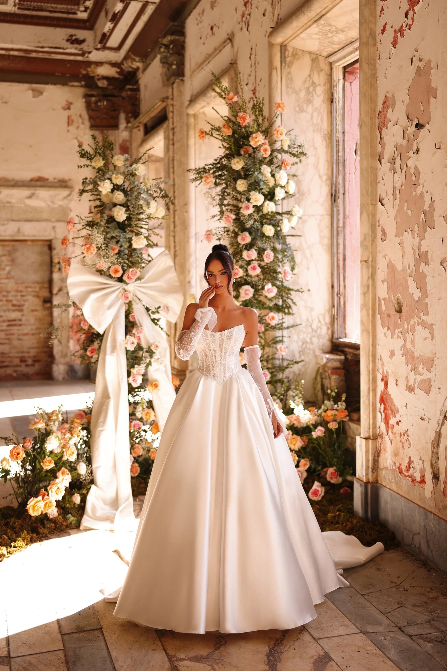 Elegant wedding dress with beaded embroidery and classic silhouette