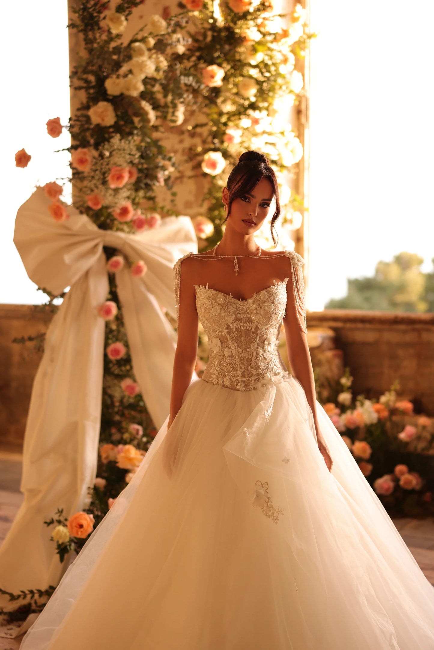 Romantic embroidered corset and flowing skirt for a fairytale bridal look