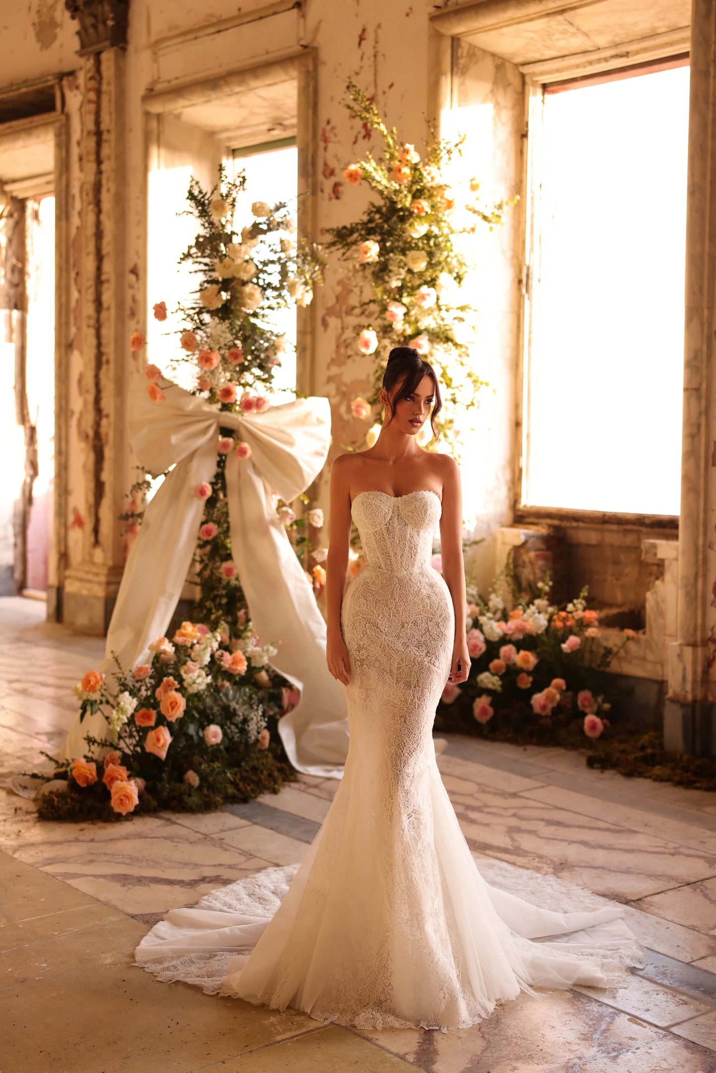 Modern wedding dress with sleek lines and couture-inspired lace texture