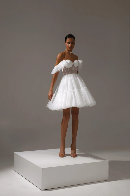 mini wedding dress with tulle skirt and corset