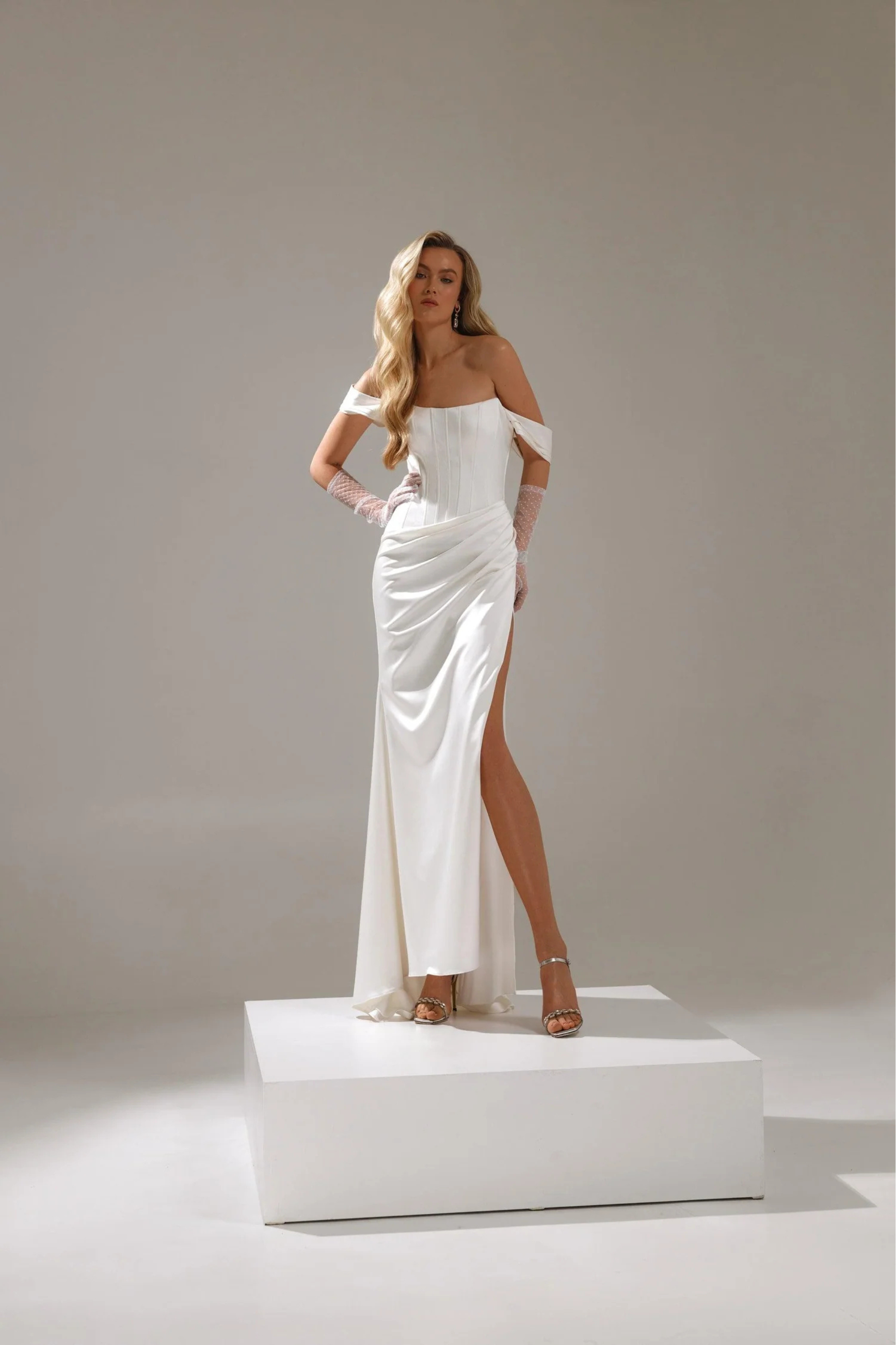 off shoulder corset wedding dress with slit