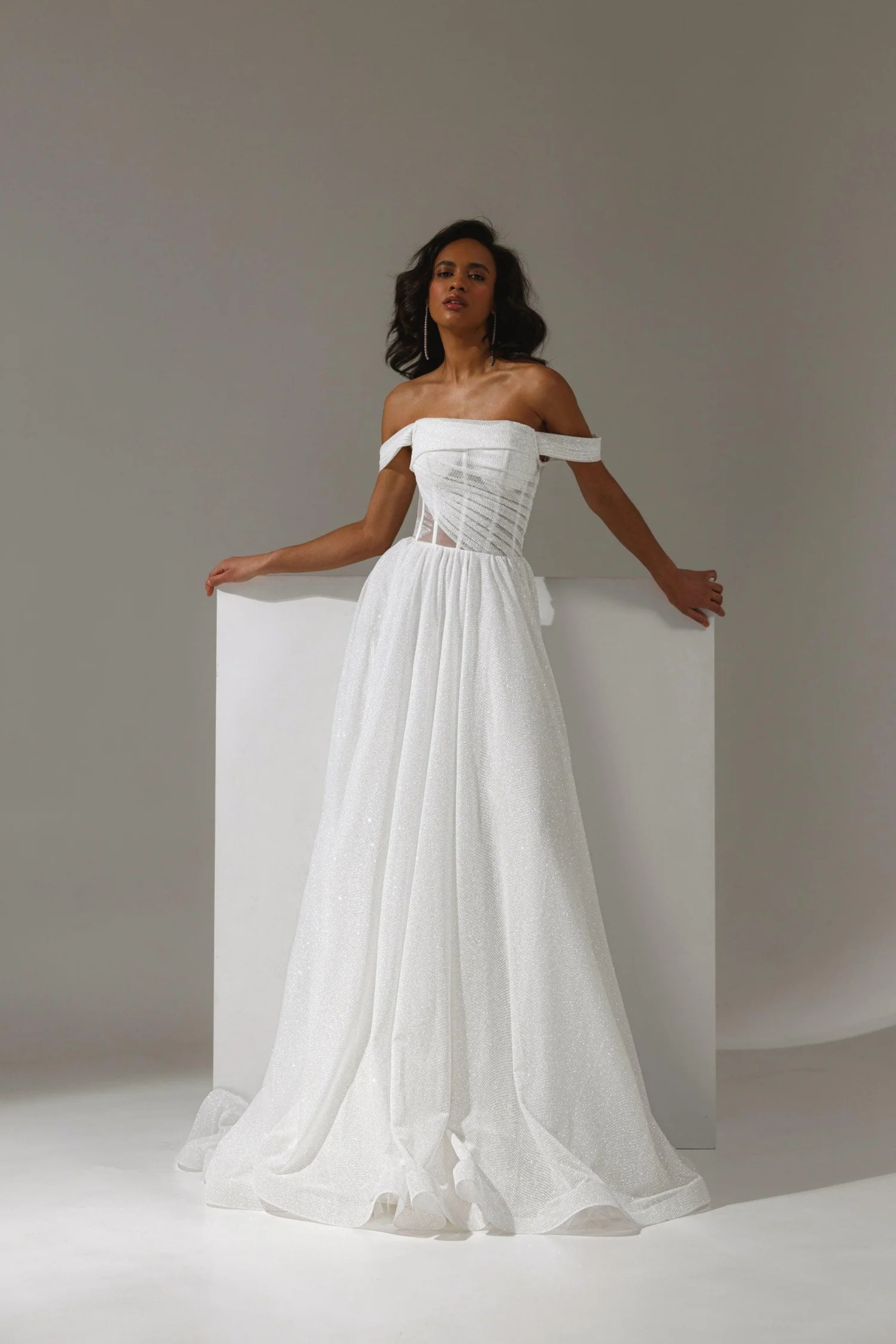 off shoulder a line wedding dress corset bodice