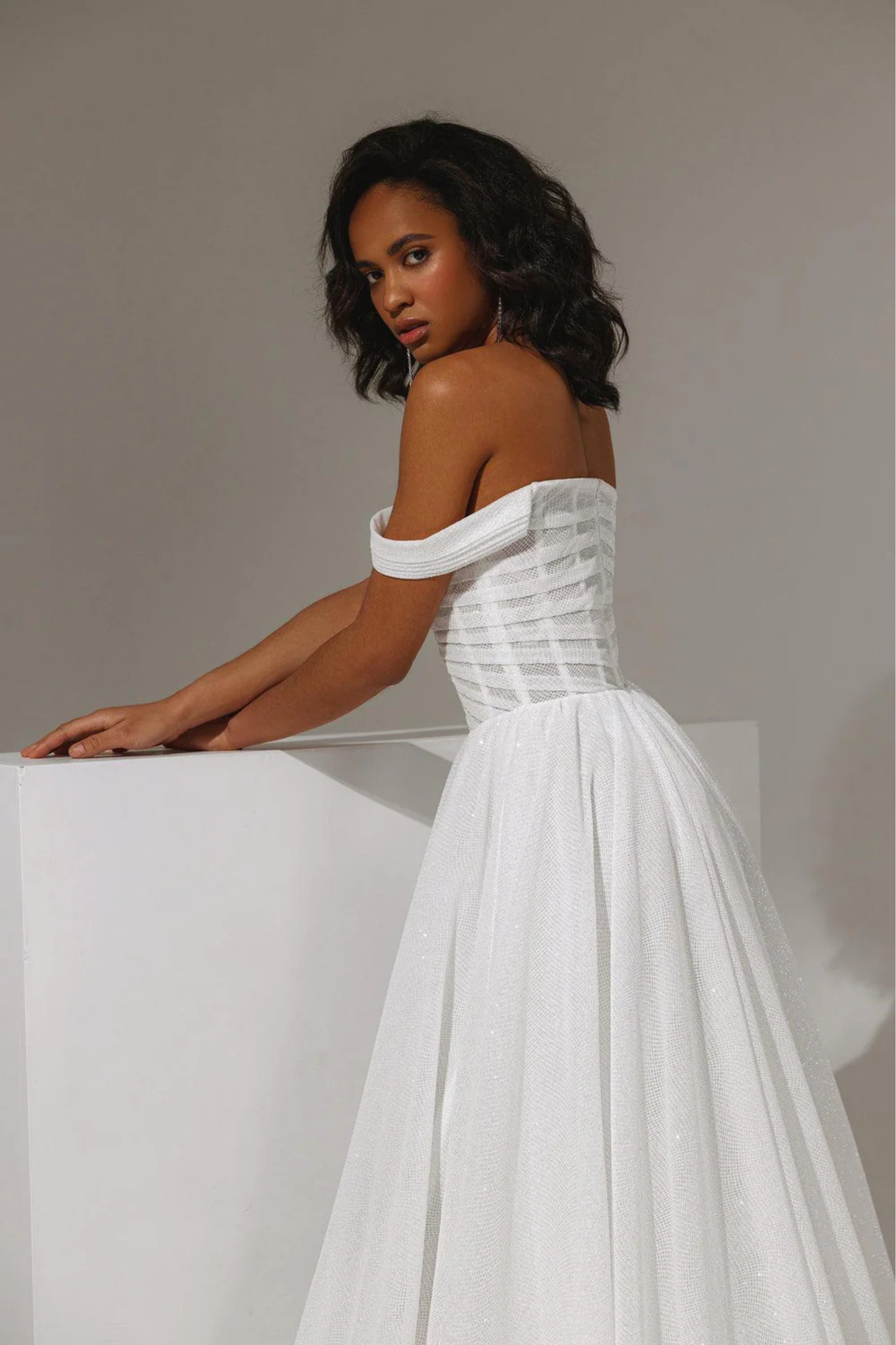 modern a line wedding dress with soft shimmer fabric