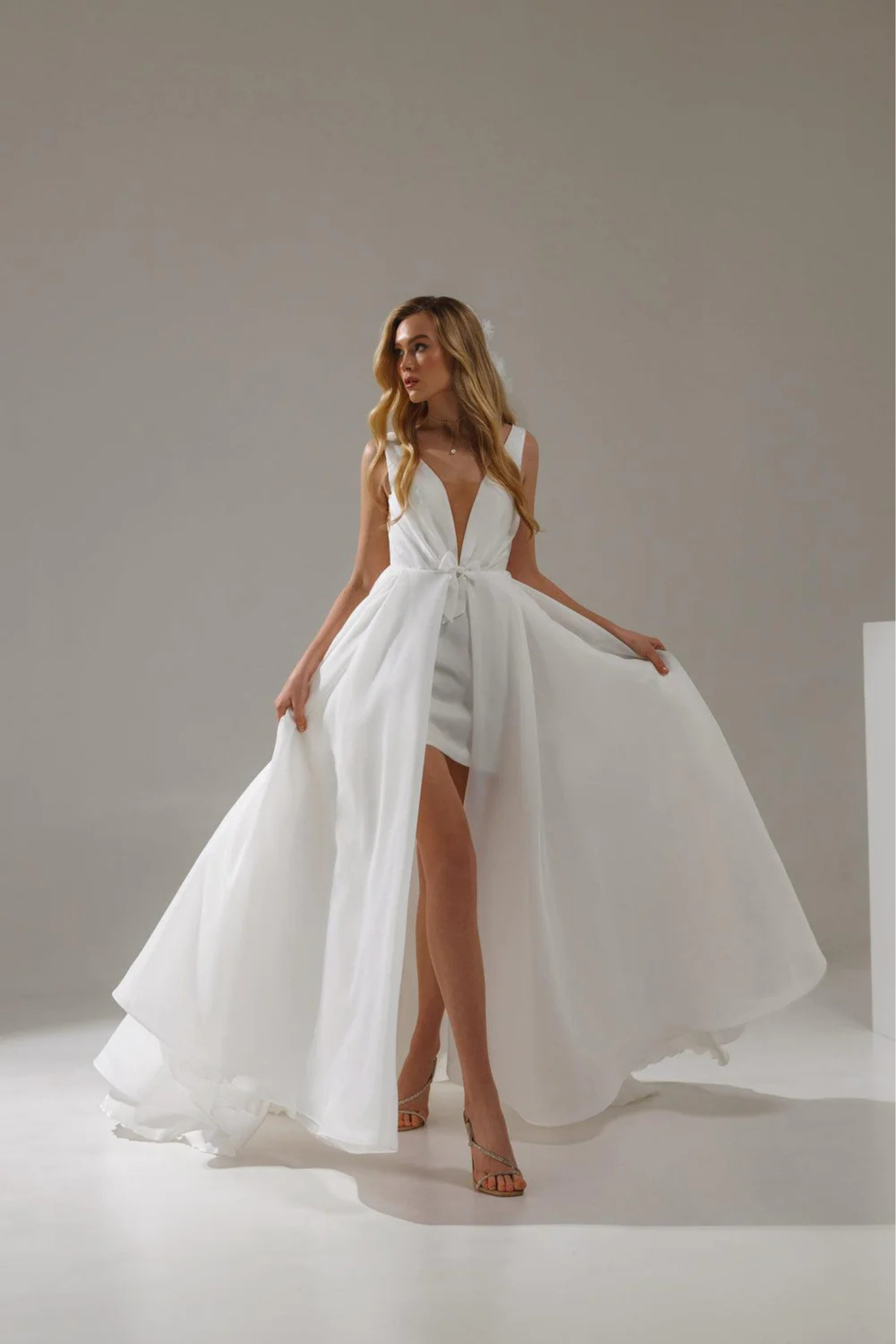 Convertible bridal dress with deep V neckline