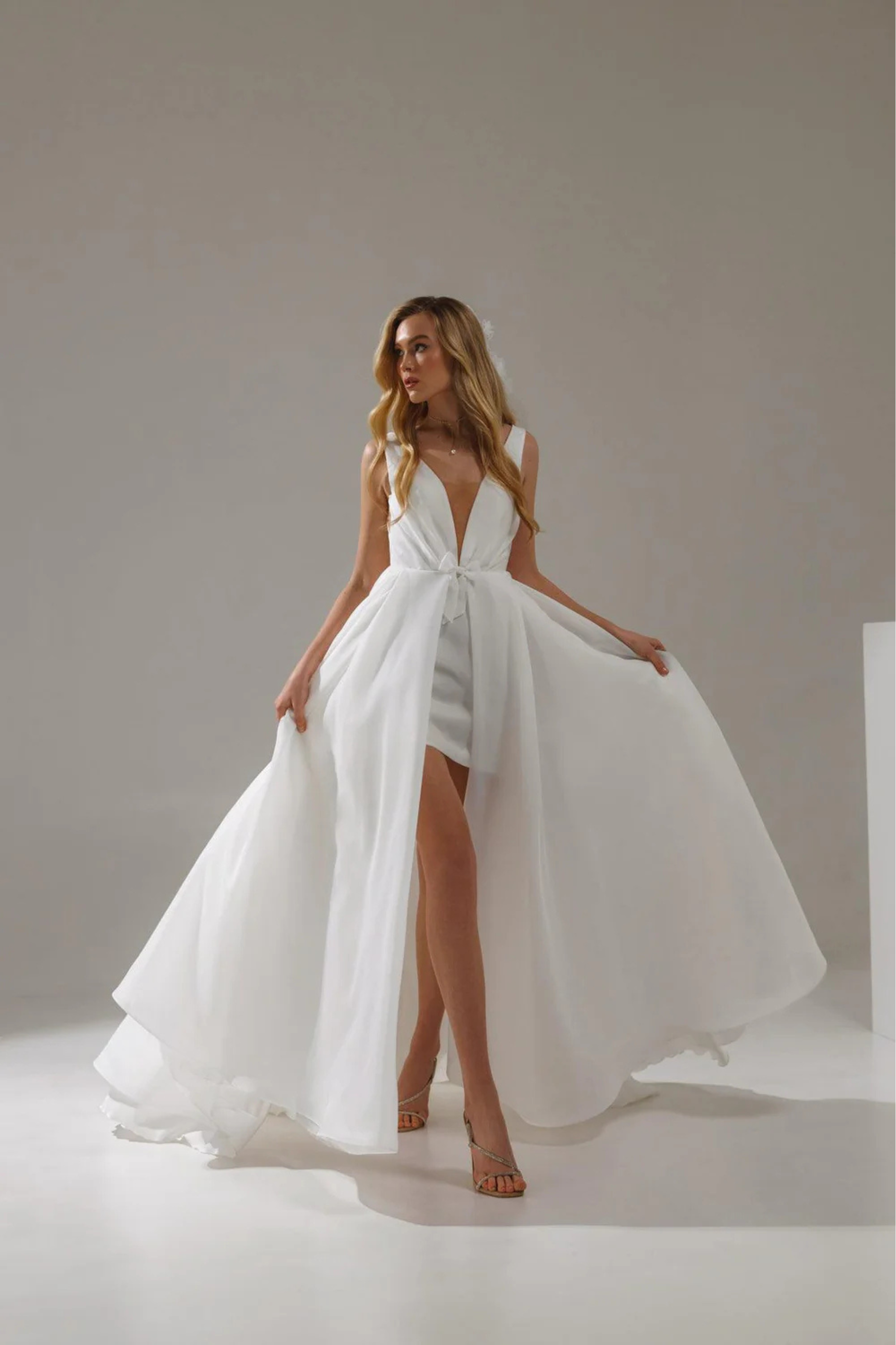Convertible bridal dress with deep V neckline