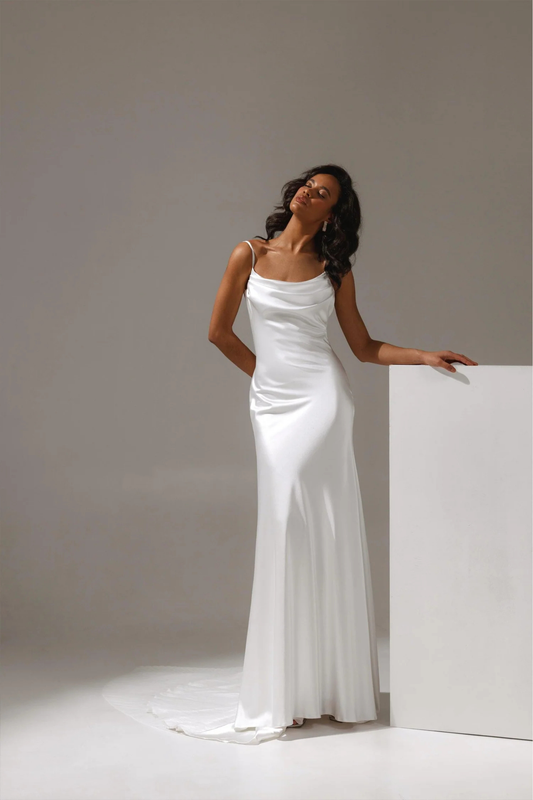 Satin sheath wedding dress with draped neckline