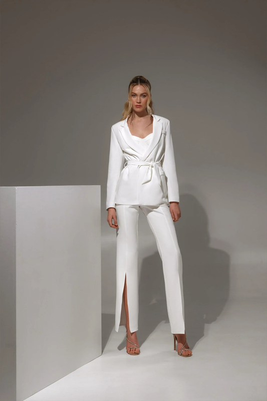 Ivory bridal suit with wrap blazer and straight-leg pants