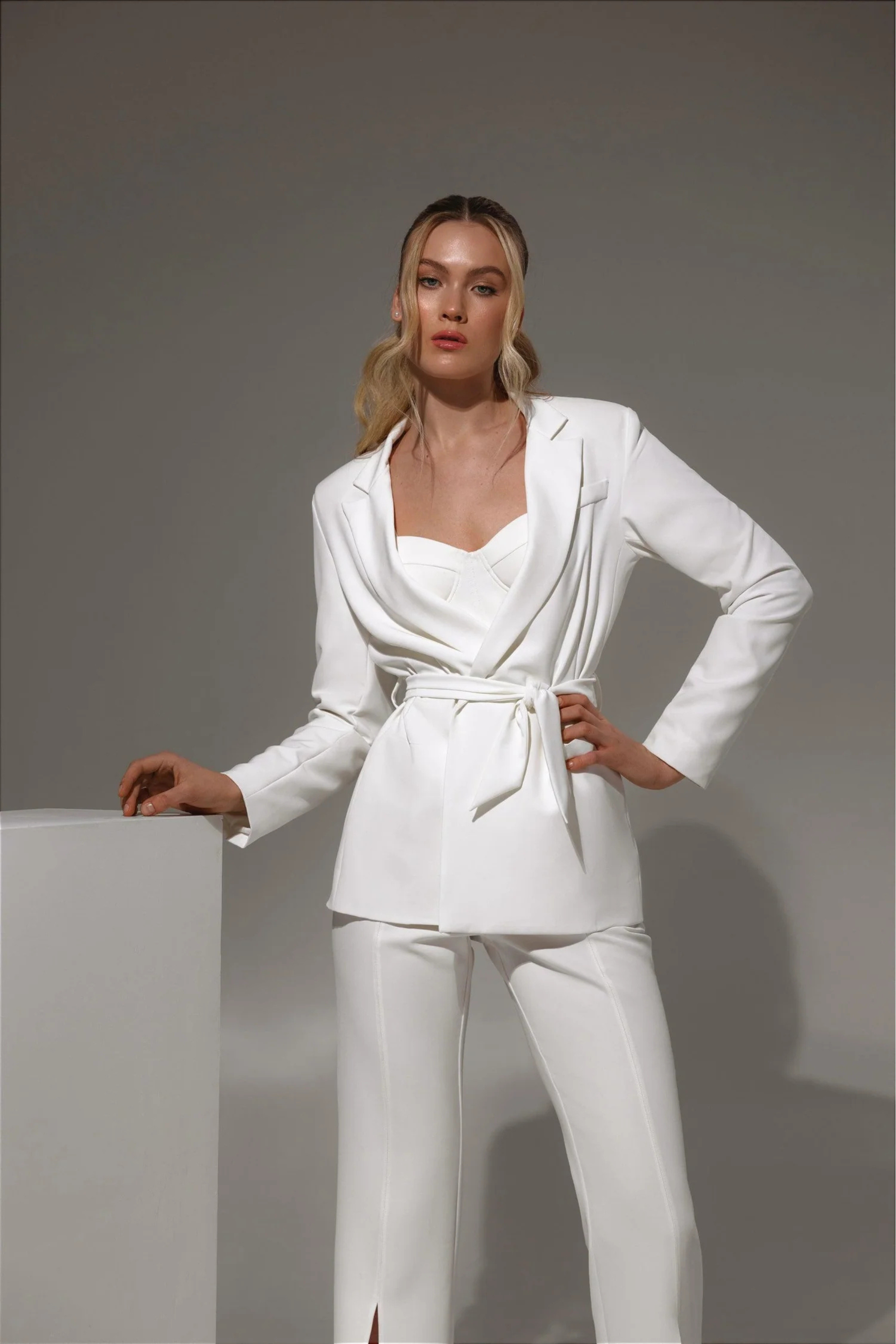 Bridal suit with front slit pants detail