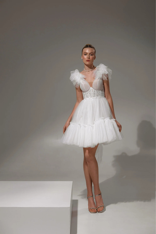 Mini A-line wedding dress with corset bodice and tulle skirt
