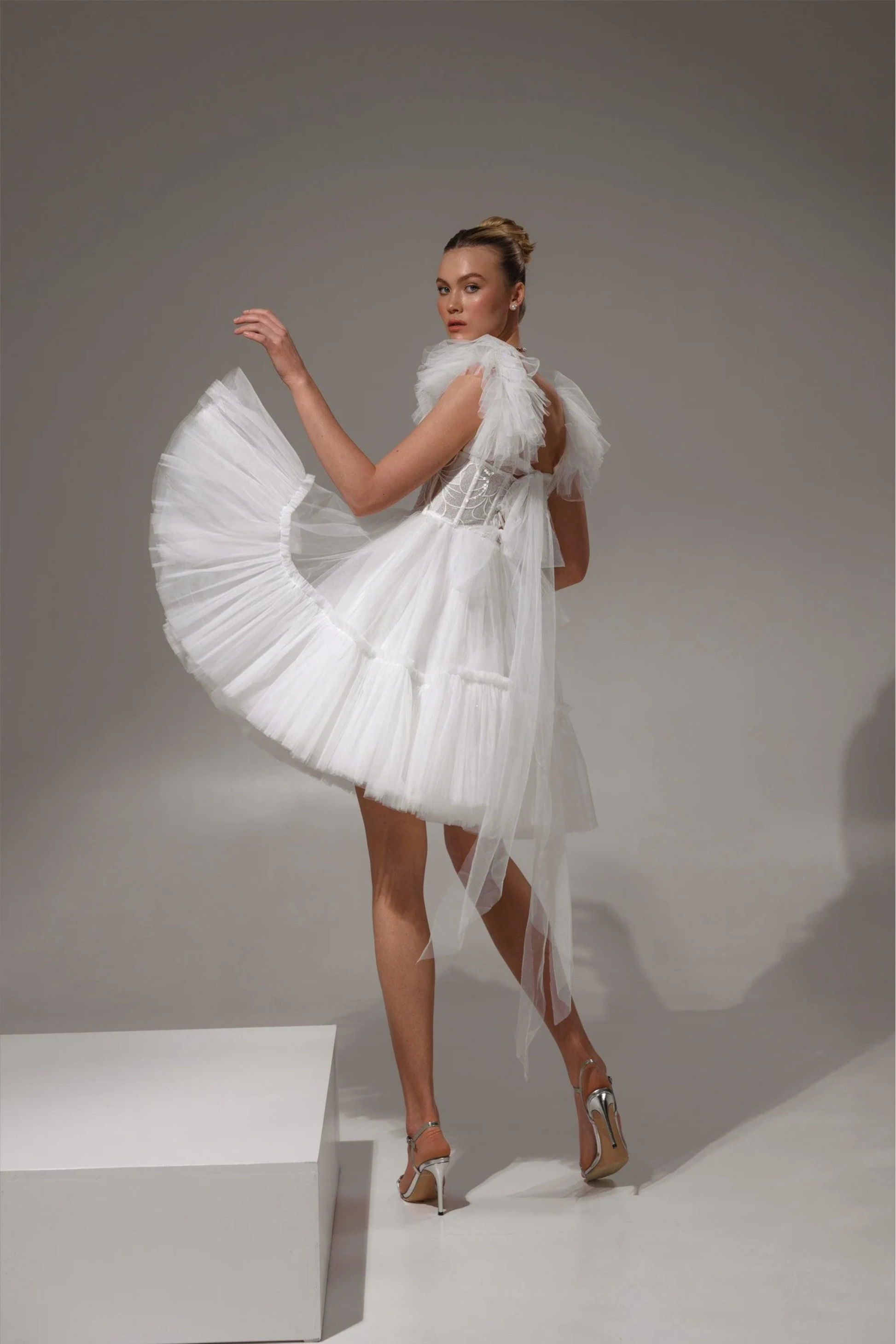 Short bridal dress with ruffle straps and layered design