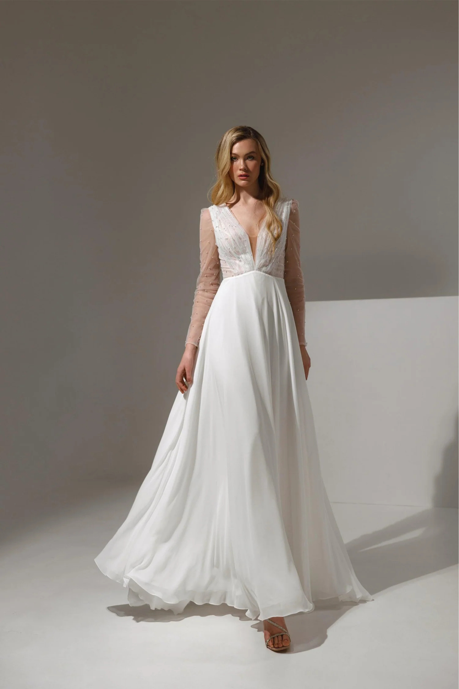 A-line chiffon wedding dress with long sheer sleeves