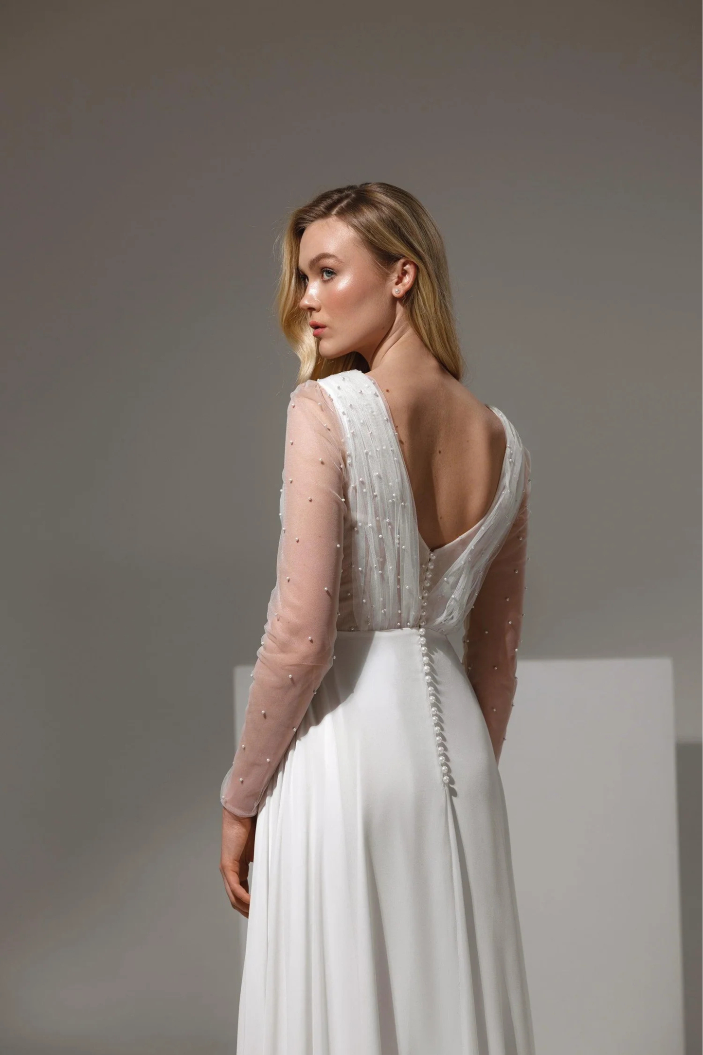 Flowing wedding dress with lightweight chiffon skirt