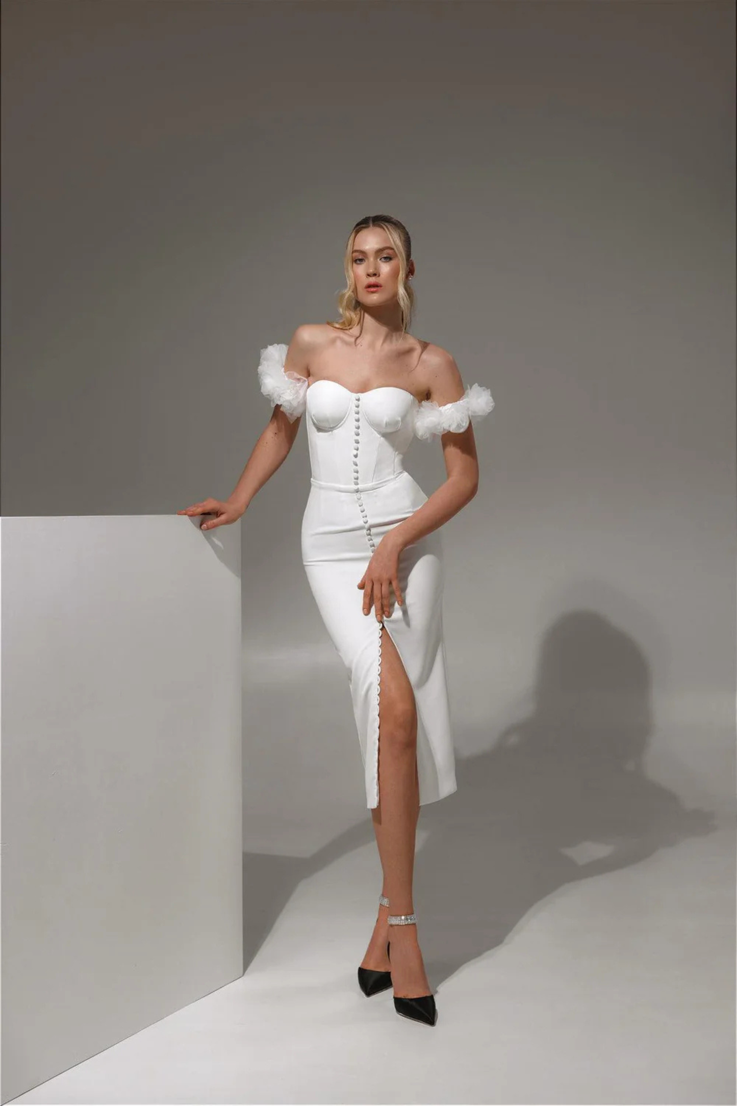 Modern ivory bridal dress with off-shoulder tulle sleeves