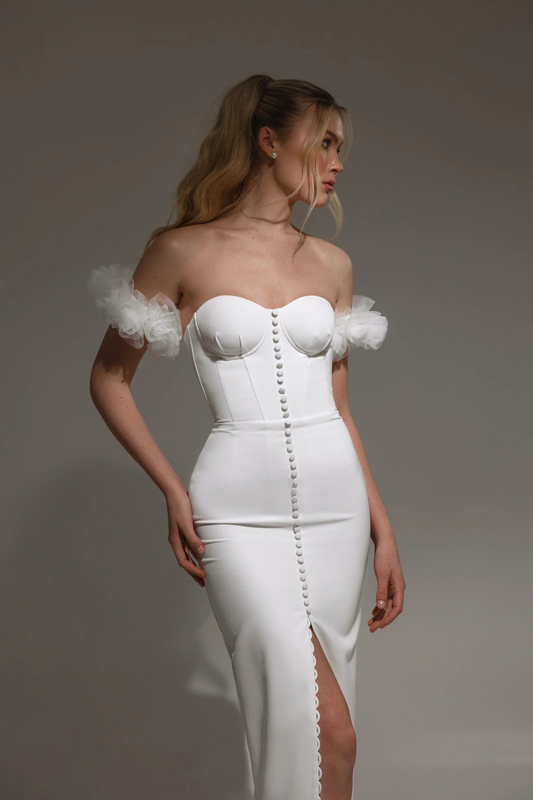 Sheath wedding dress with corset bodice and front slit