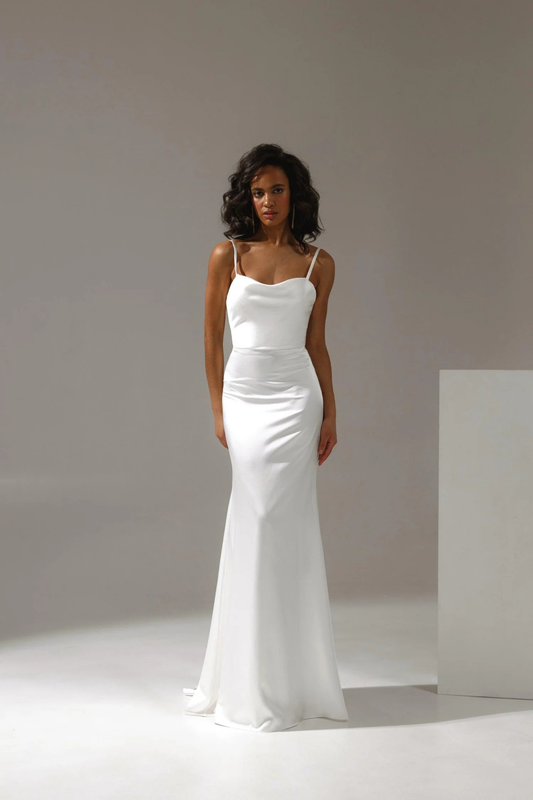 Ivory sheath bridal gown with soft neckline and low back