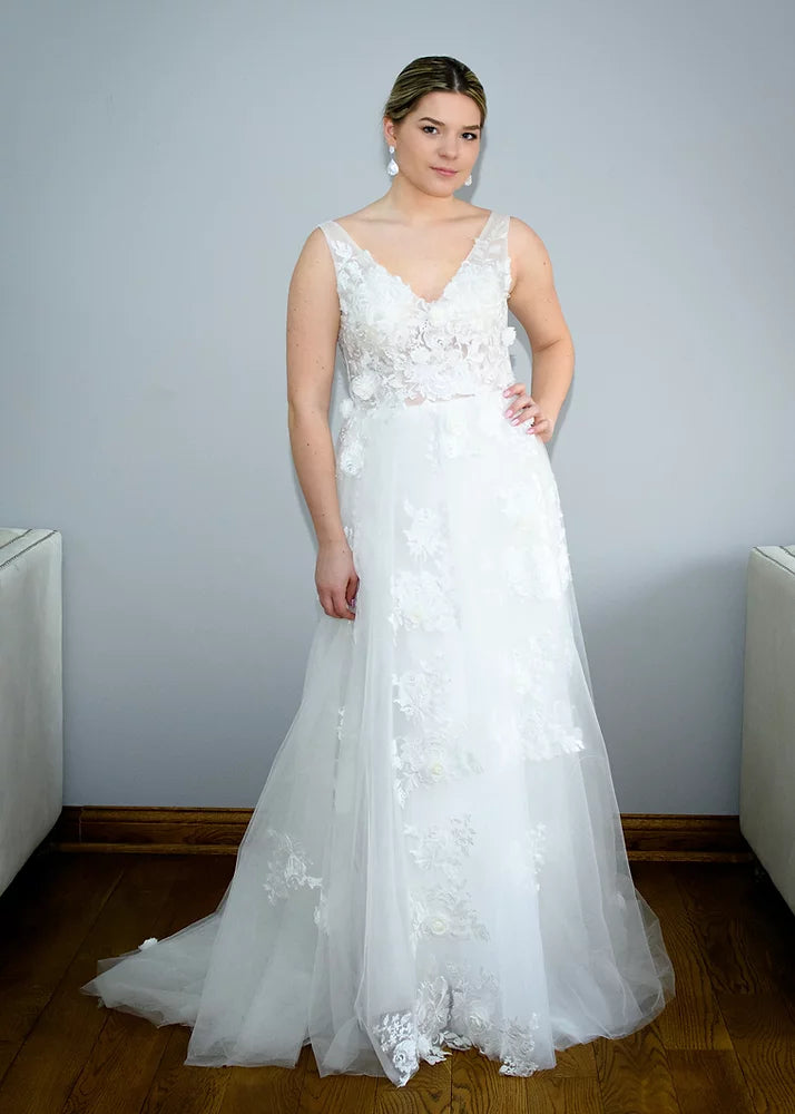 Floral V-Neck with a Chapel Train Wedding Dress